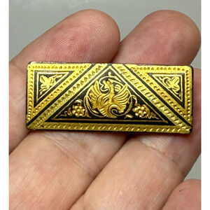 Vintage Damascene Brooch Bar Pin Black Gold Bird Spreading Wings Crest C Clasp